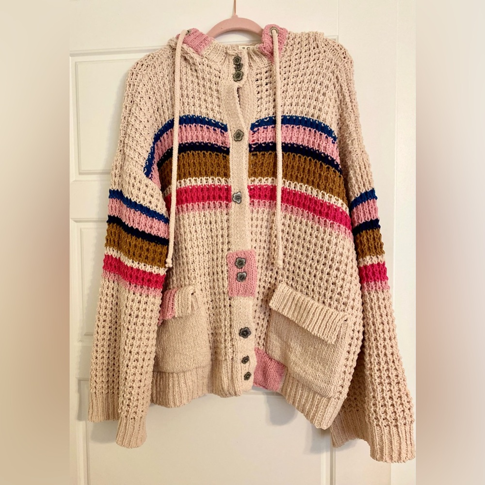 POL Chunky Striped Hooded Cardigan in Cream, Pink & Navy